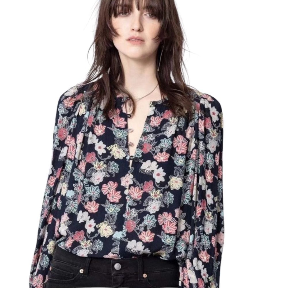 Zadig and Voltaire Tifany Flower Print Crepe Blouse Long Sleeve Size Medium